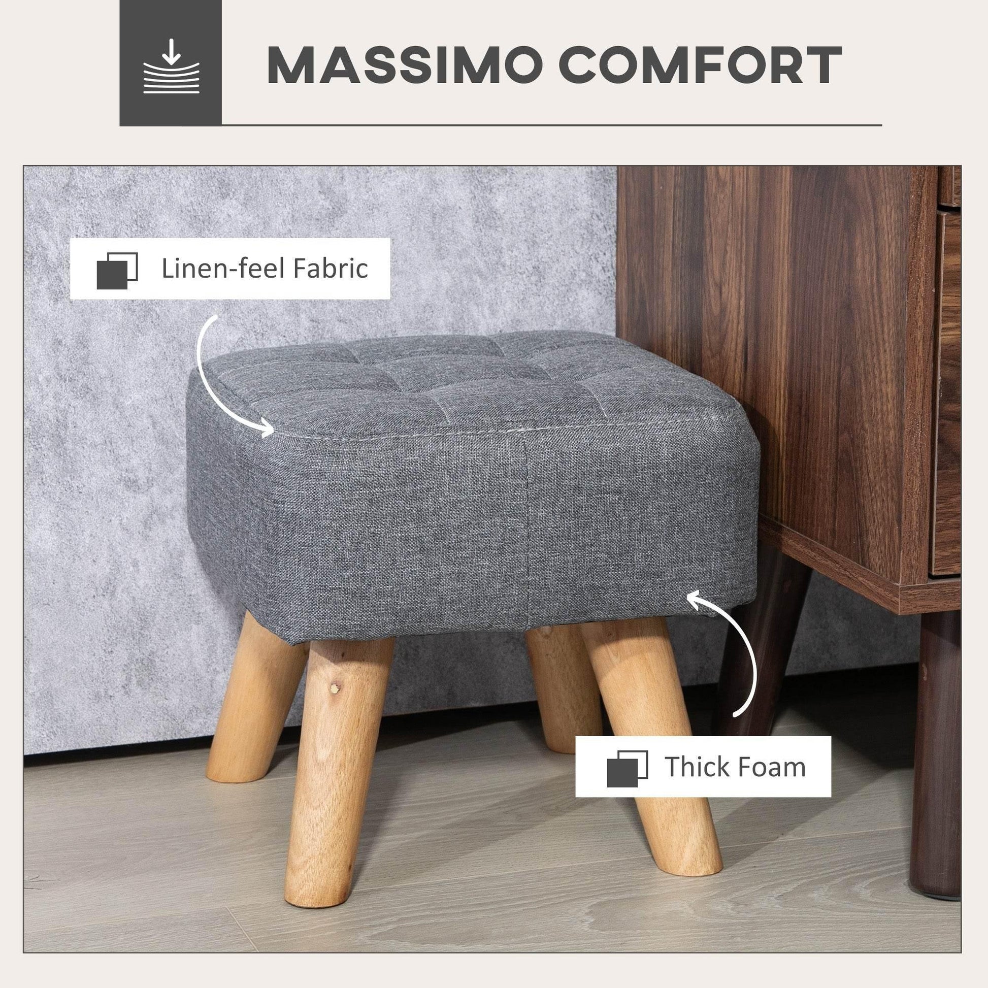 HOMCOM Stylish Grey Tufted Foot Stool with Rubber Wood Legs and Padded Seat for Living Room, Bedroom, and Entryway - ALL4U RETAILER LTD