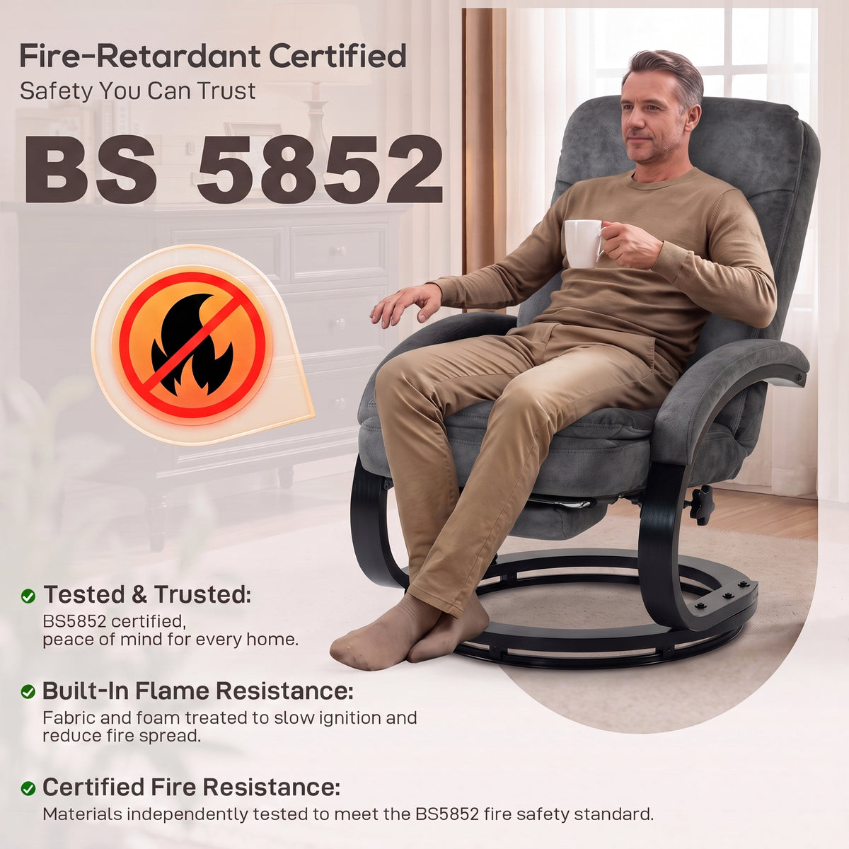 Gray velvet swivel recliner chair with high back and curved base, fire-certified