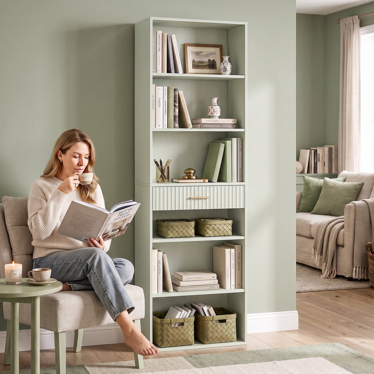 HOMCOM Narrow Tall 7 Tier Bookshelf With Drawer Open Shelves Light Green