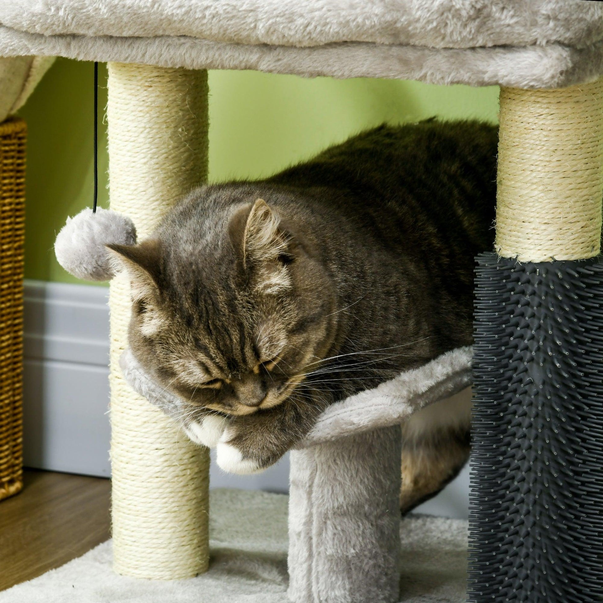 PawHut Small Cat Tree Tower w/ Scratching Posts, Bed, Perch, Self Groomer, Toy - ALL4U RETAILER LTD