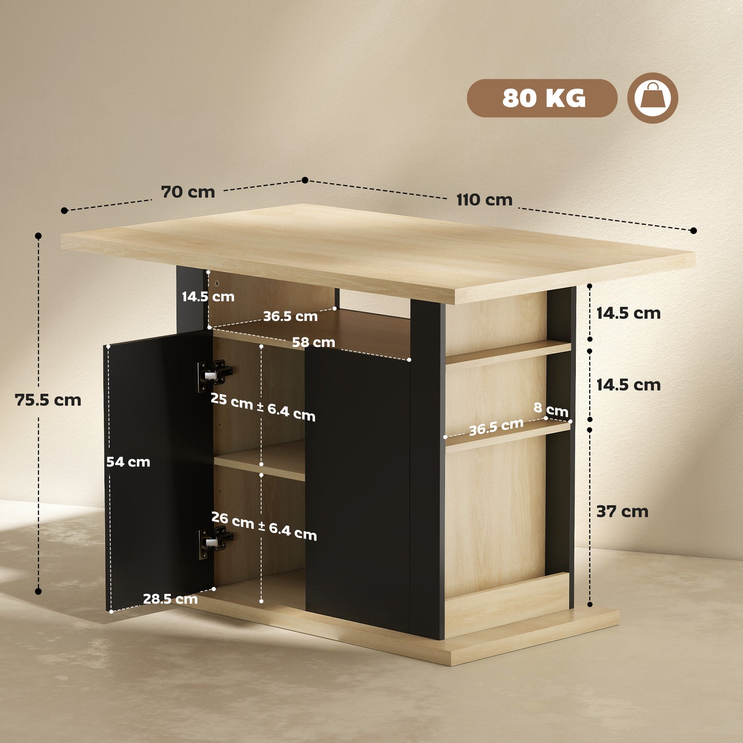 HOMCOM Kitchen Island With Spice Rack And Storage, Large Tabletop For 4 People, Adjustable Shelves, Black And Natural