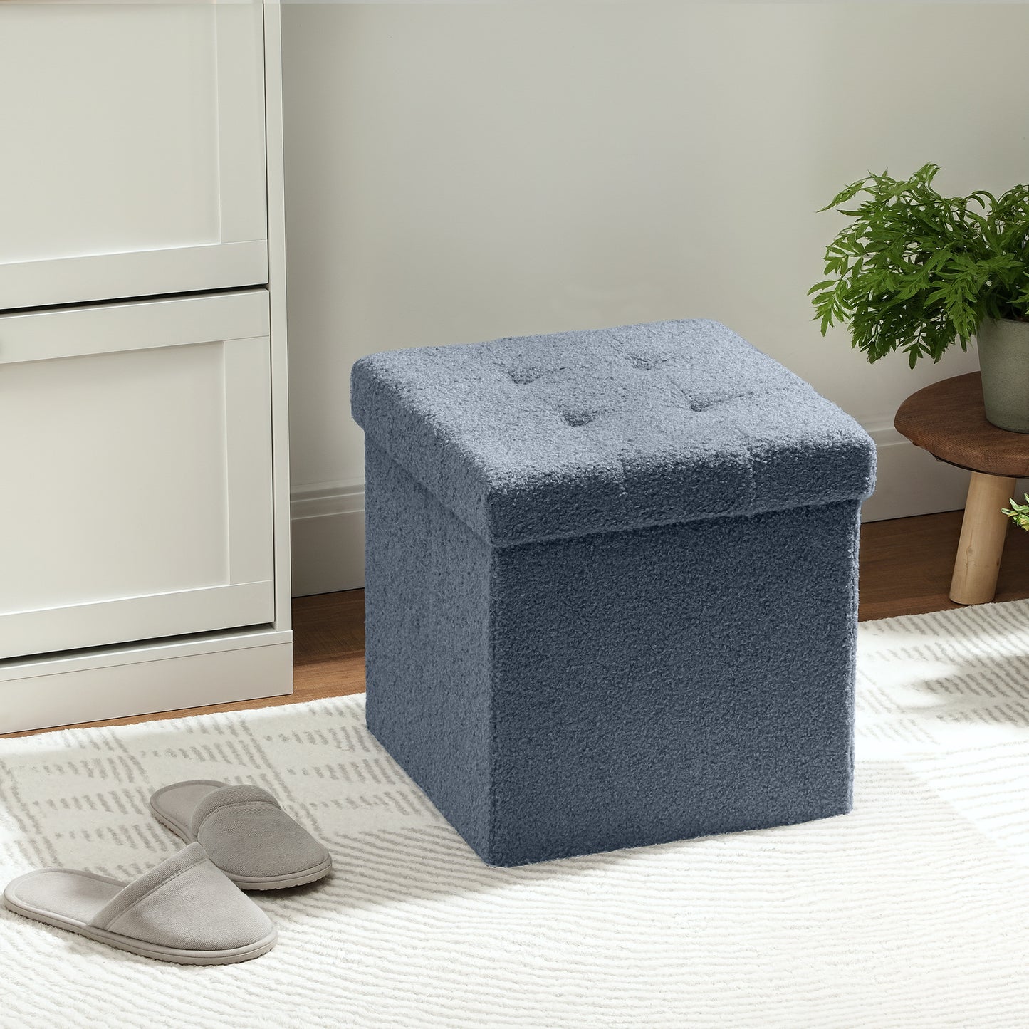 HOMCOM Foldable Sherpa Fleece Storage Ottoman Blue With High Density Foam For Space Saving Living Room Organization