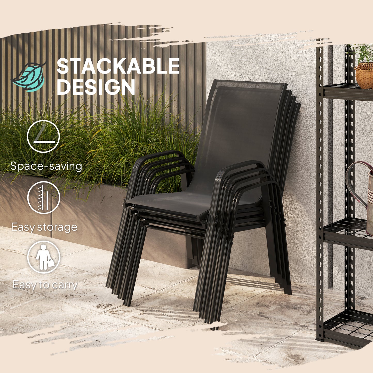 Outsunny Set Of Four Stackable Mesh Outdoor Chairs Black With High Back And Armrests