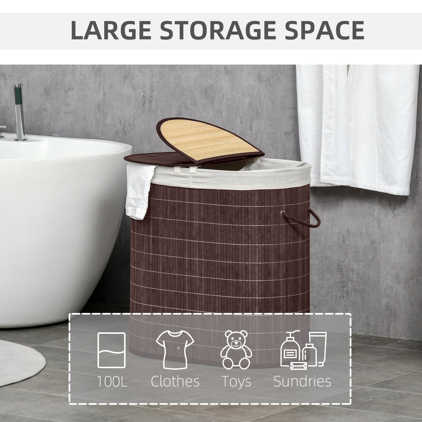 HOMCOM 100L Bamboo Laundry Basket With Lid And Removable Liner Two Compartments Handles Brown