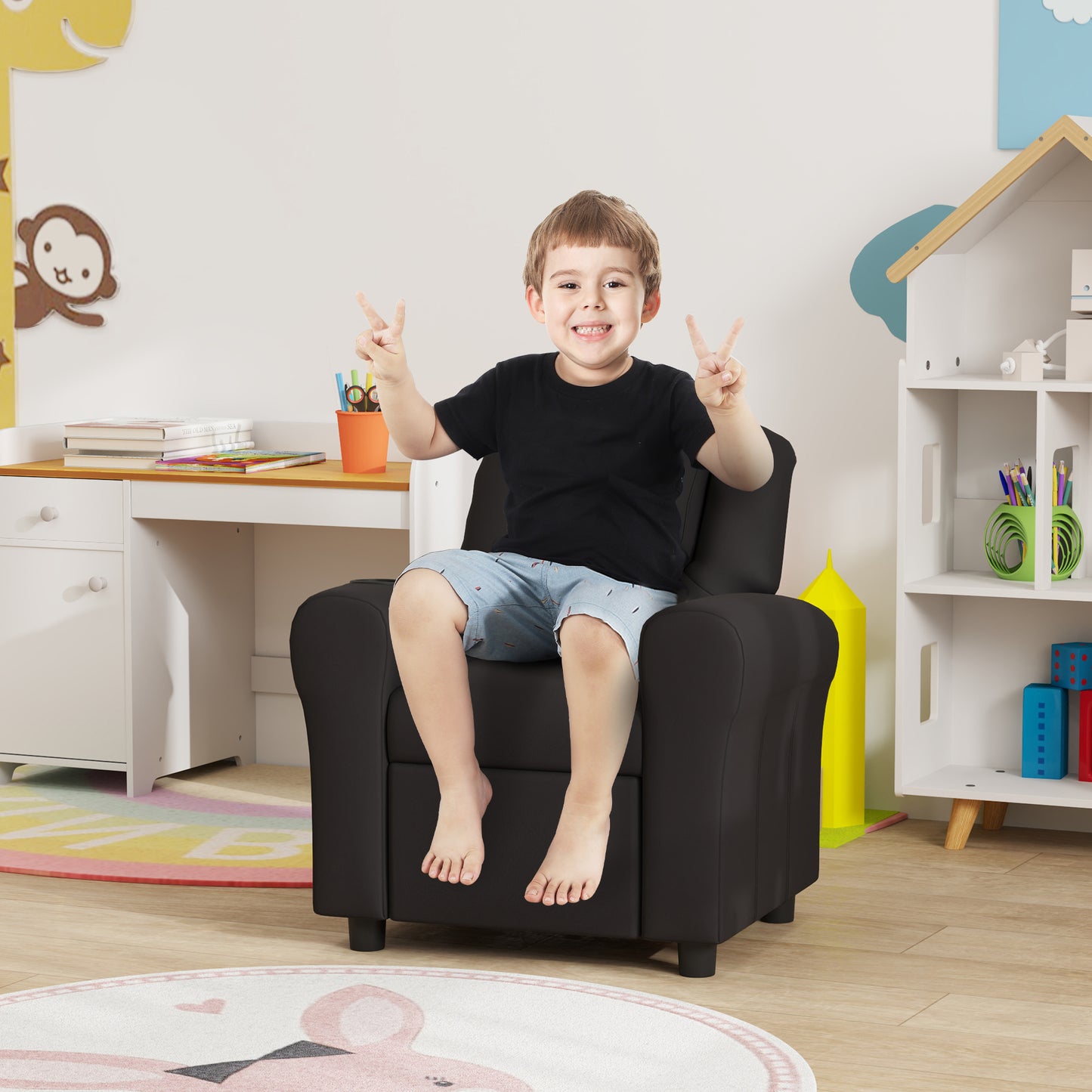 HOMCOM Children's Recliner Chair with Adjustable Backrest, Cup Holder & Padded Headrest in Black PU Leather