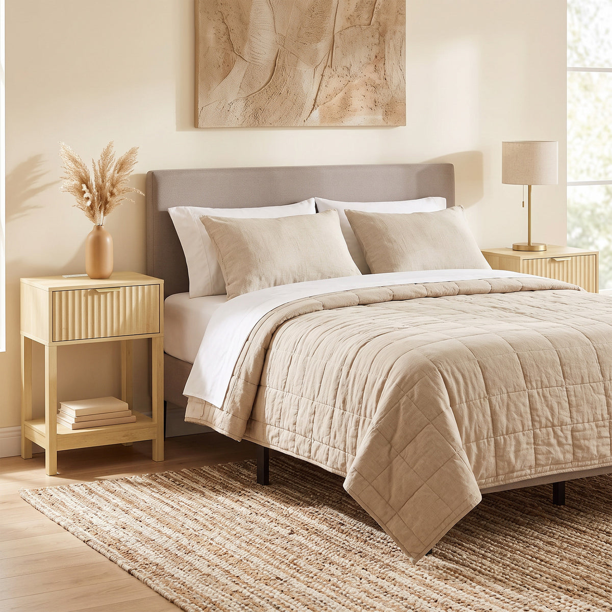Light oak nightstand with fluted drawer front and open shelf beside bed
