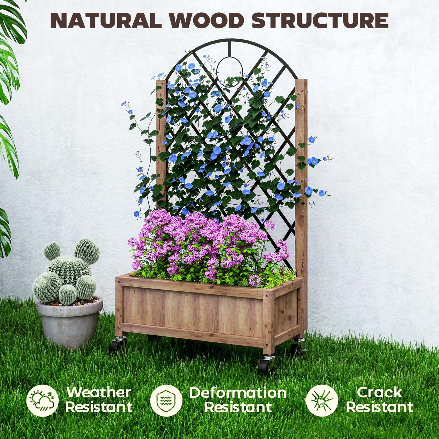 Outsunny Wooden Planter With Metal Trellis On Wheels Two In One 20x47cm Diamond Shaped Trellis Brown Black