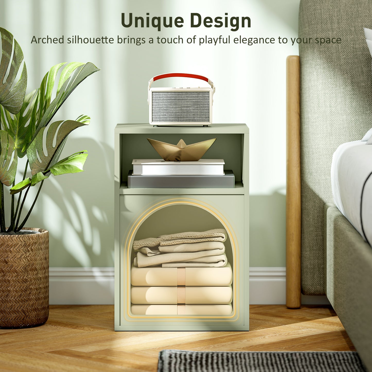HOMCOM Bedside Table With Two Open Compartments Arch Design Light Green End Table For Small Spaces