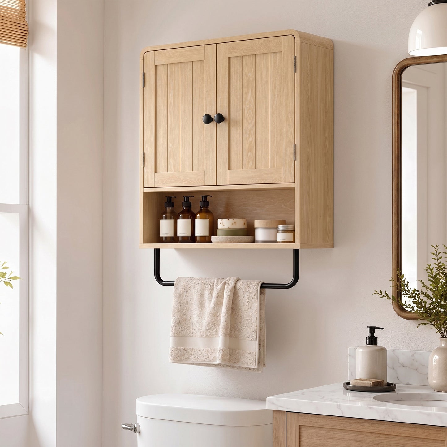 HOMCOM Oak Finish Wall Mounted Bathroom Cabinet With Two Doors And Adjustable Shelf Storage