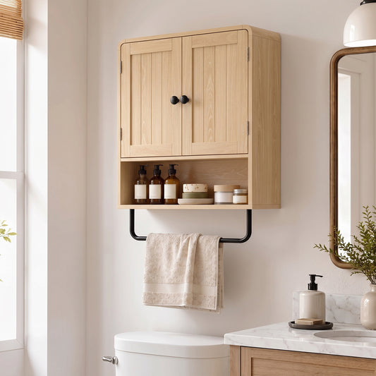 HOMCOM Oak Finish Wall Mounted Bathroom Cabinet With Two Doors And Adjustable Shelf Storage