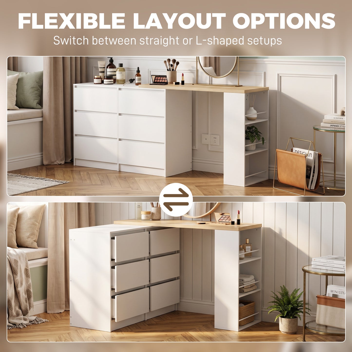HOMCOM Vanity Table with 6 Drawers and 3 Tier Shelf White Convertible Dressing Table for Corner or Open Wall