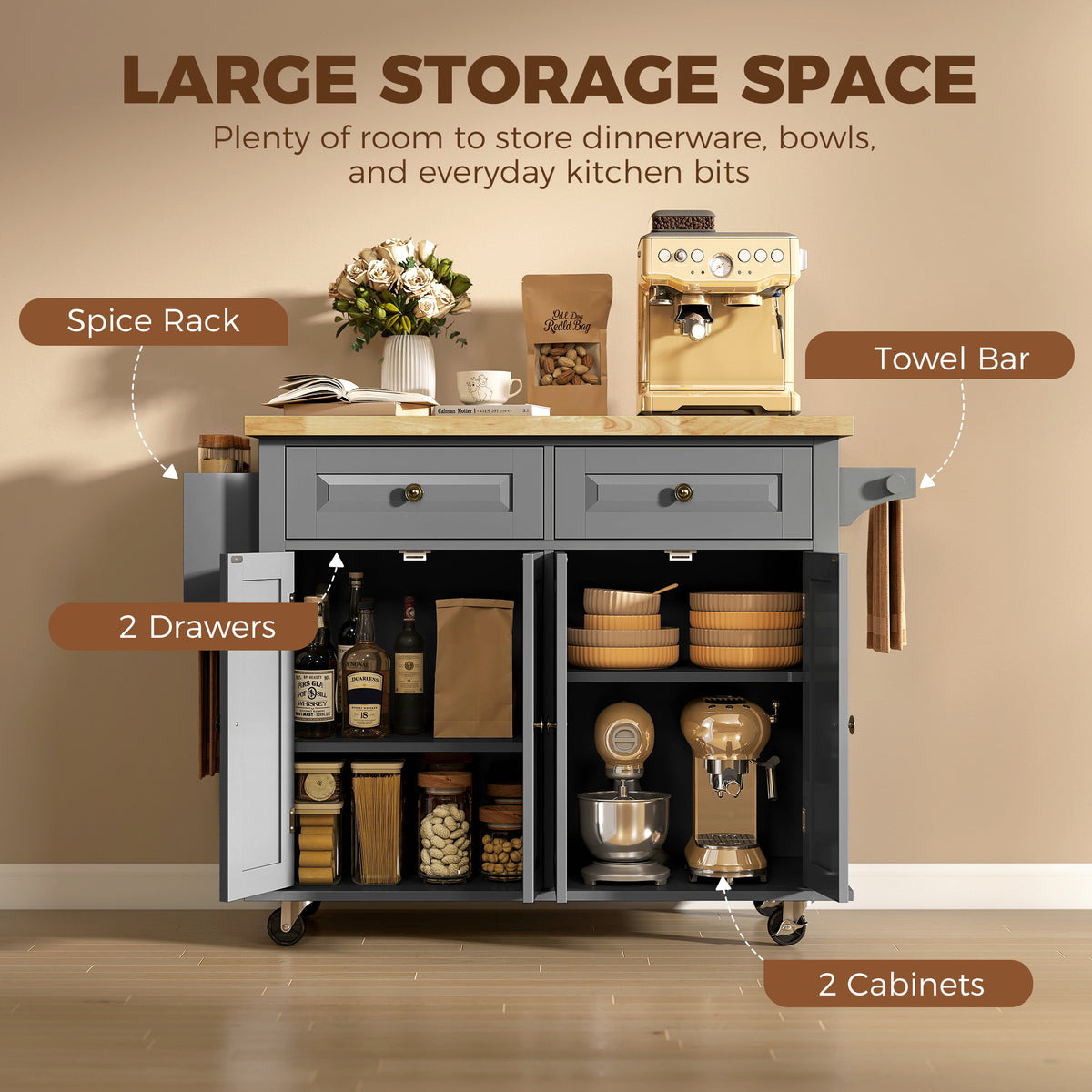 Rolling kitchen island with open storage: drawers, cabinets, and spice rack area