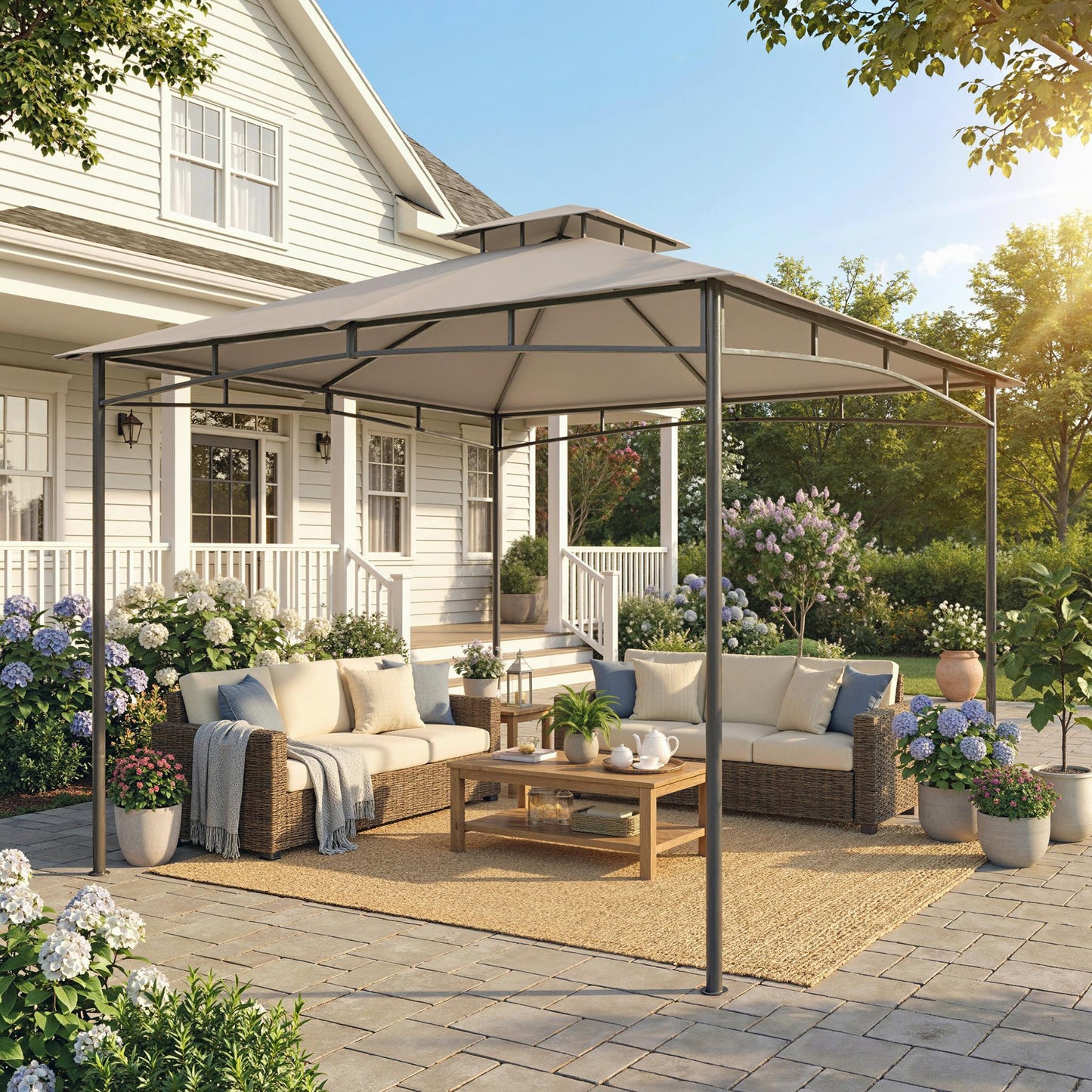 Outsunny 3 x 3 m Gazebo With 2 Tier Roof Khaki Powder Coated Metal Frame Weatherproof 180 GSM Polyester