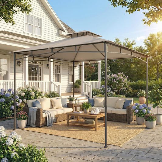 Outsunny 3 x 3 m Gazebo With 2 Tier Roof Khaki Powder Coated Metal Frame Weatherproof 180 GSM Polyester