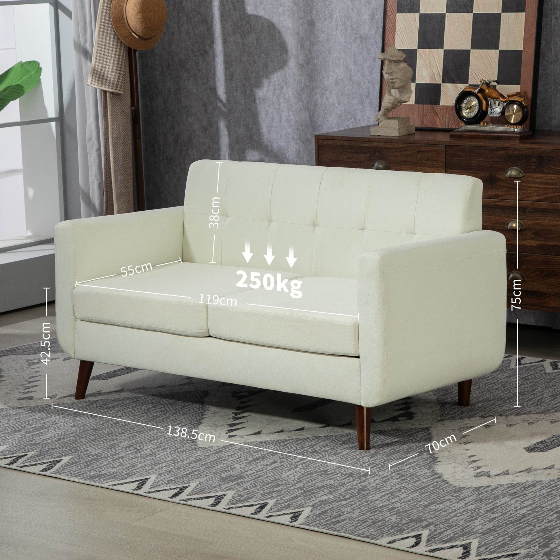 Modern Cream White Tufted Loveseat Sofa for Small Spaces - HOMCOM 2 Seater Upholstered Couch with Wood Legs - ALL4U RETAILER LTD