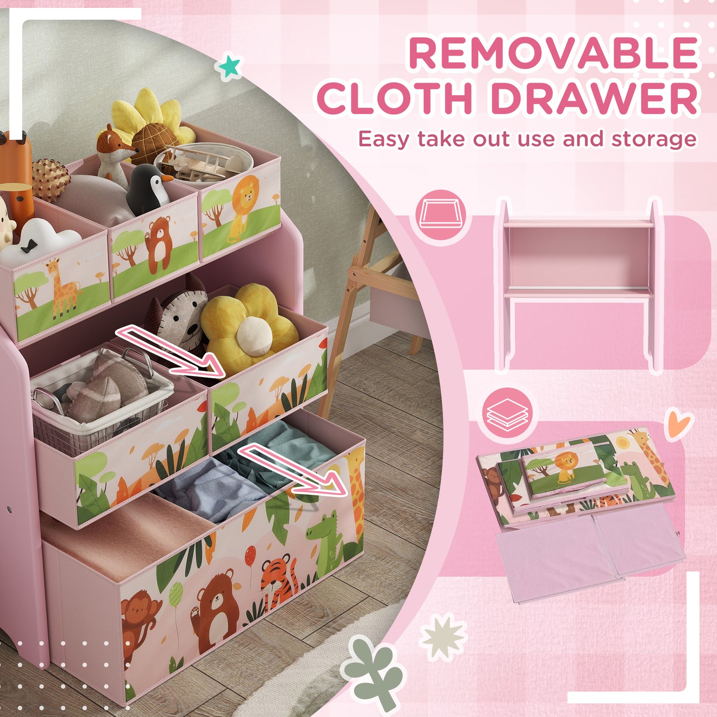 AIYAPLAY 3 Tier Kids Toy Storage Unit With 6 Removable Boxes Pink For Playroom Bedroom Nursery