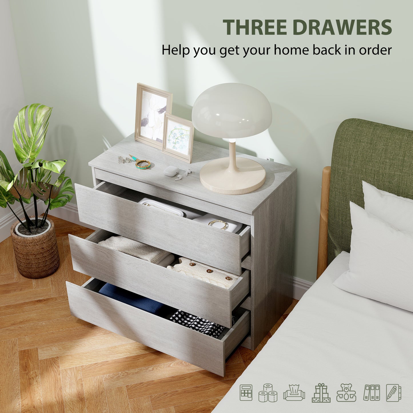 HOMCOM Three Drawer Chest In Grey Wood Effect Made From Particle Board With Flat Top For Bedroom Storage