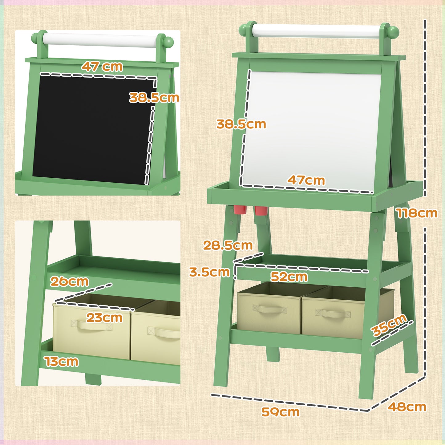 AIYAPLAY 3 In 1 Kids Easel Double Sided Magnetic Whiteboard And Chalkboard With Paper Roll Storage Baskets Green