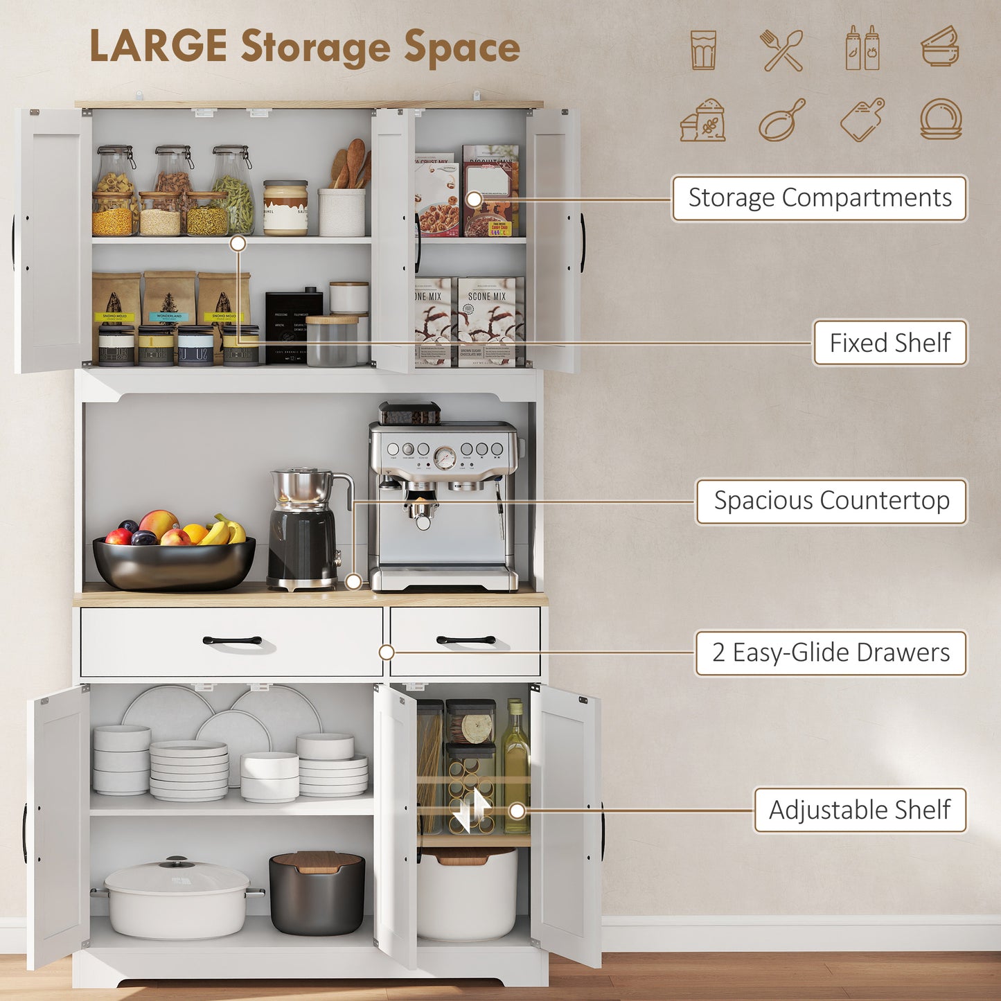 HOMCOM 175 cm Tall Kitchen Pantry Cabinet With Microwave Stand Freestanding White