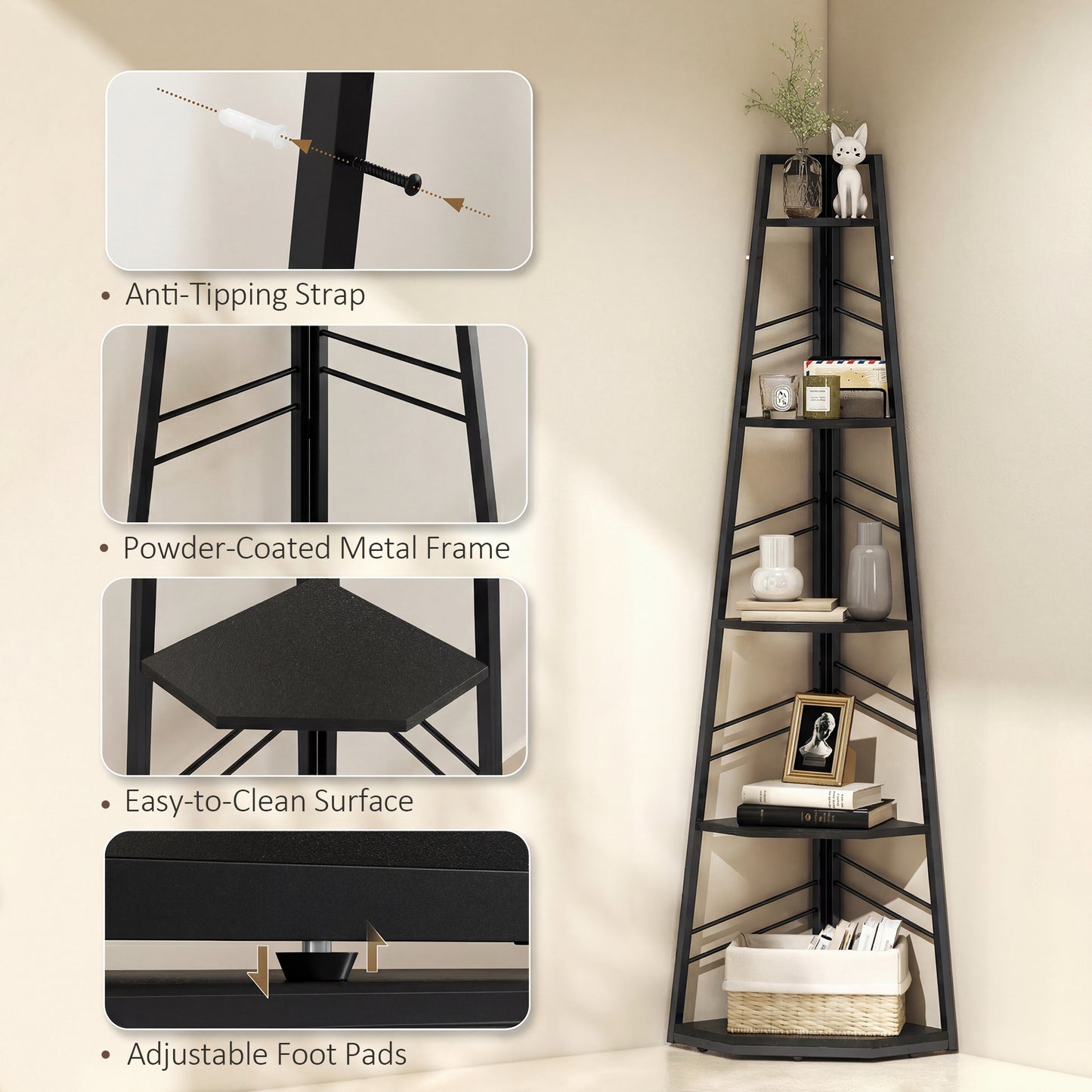 HOMCOM Corner Bookcase 5-Tier Floor Standing Bookshelf For Living Room Study Bedroom Black