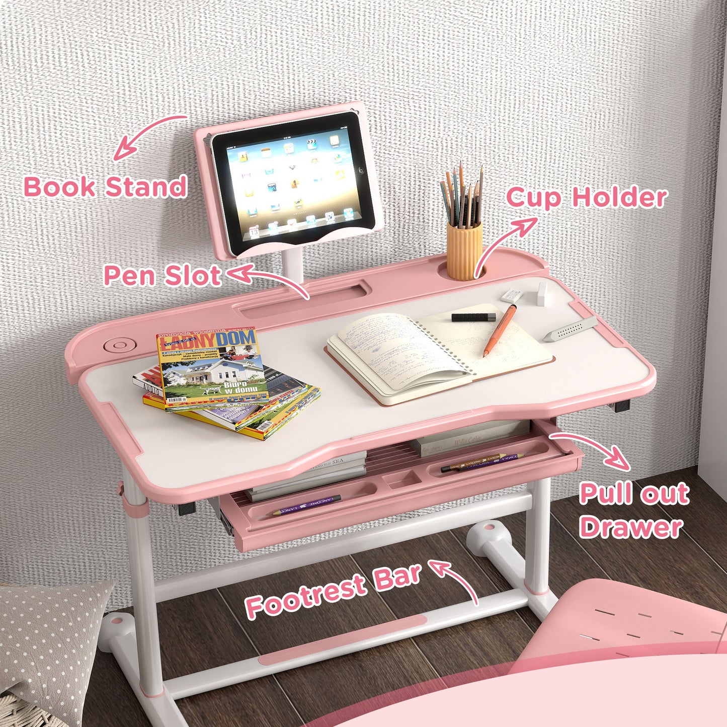 Adjustable Pink Kids Study Desk and Chair Set with Tilted Top for Healthy Posture