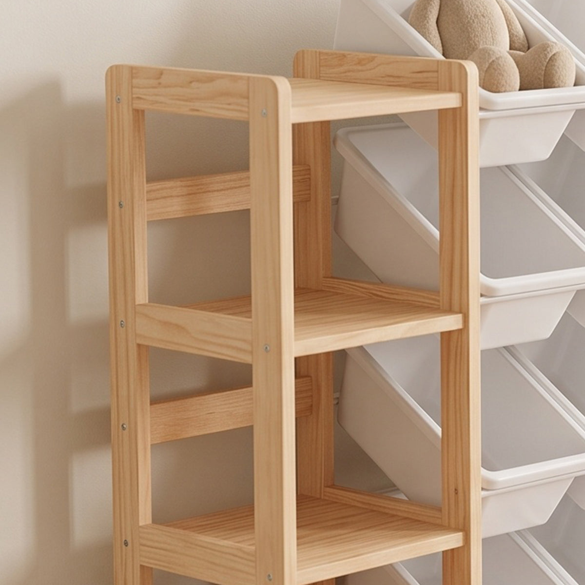 Pine wood storage frame with open white bins on a side panel