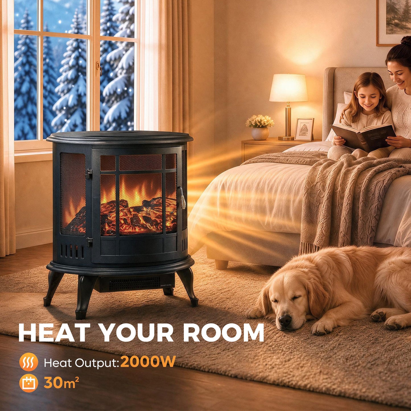 Freestanding Electric Fireplace Stove With Adjustable LED Flames 2000W