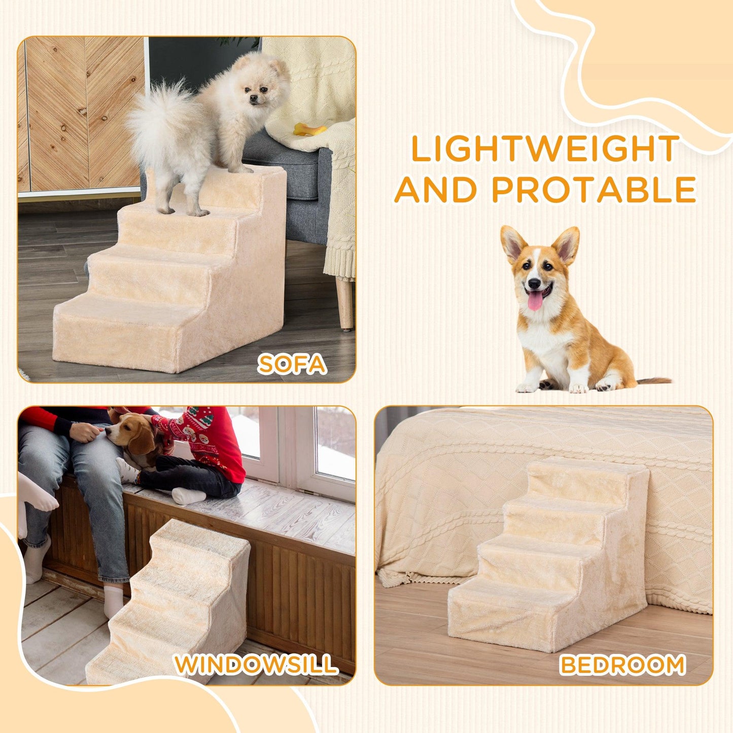 PawHut 4-Step Washable Plush Dog Stairs for High Bed Sofa - ALL4U RETAILER LTD