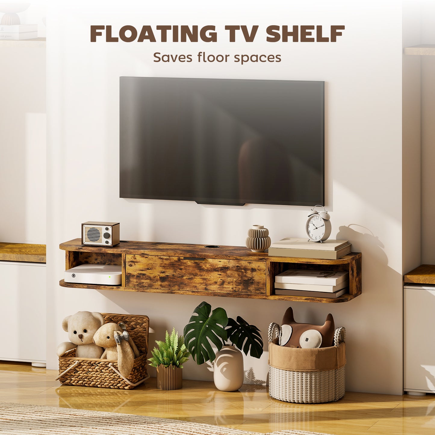 HOMCOM 120 Cm Floating TV Unit for Up To 50 Inch TVs Rustic Brown Wall Mount Cabinet with Concealed Cables and Drawer