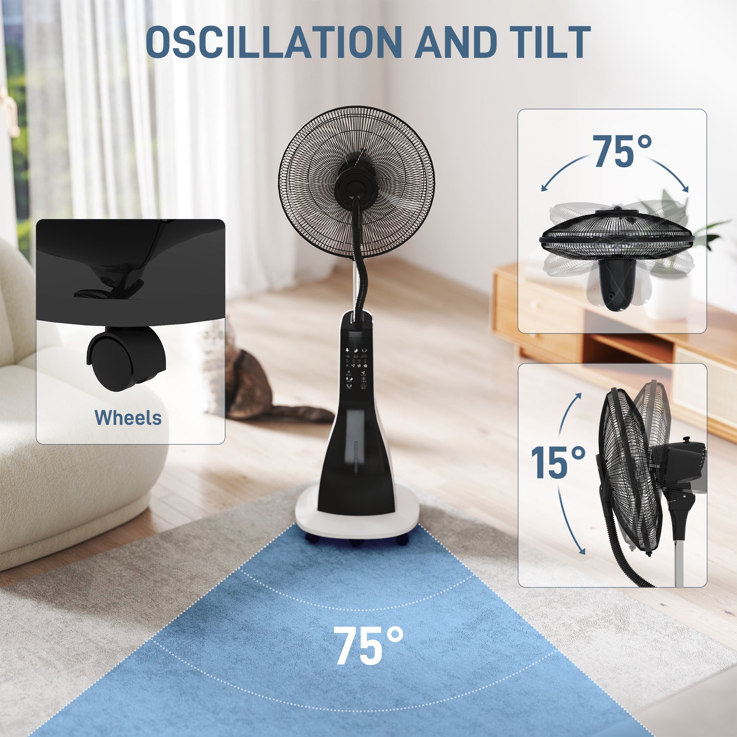 HOMCOM Pedestal Misting Fan With Water Spray Remote 75 Degree Oscillation 3 Speeds 3 Modes 3 Mist Levels 3L Tank Wheels