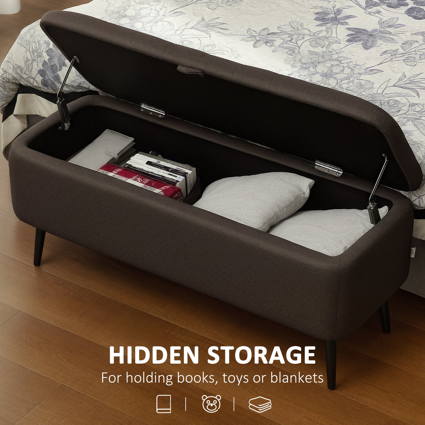 HOMCOM Linen Look Storage Ottoman 92 By 31 Cm Dark Brown With Padded Lid For Living Room And Bedroom
