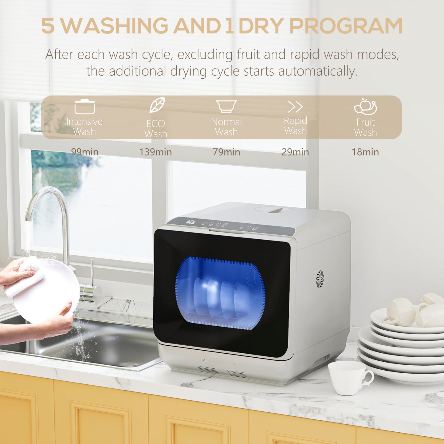 HOMCOM Table Top Dishwasher With Built In 6L Water Tank 6 Programs 4 Place Settings Compact Countertop Silver