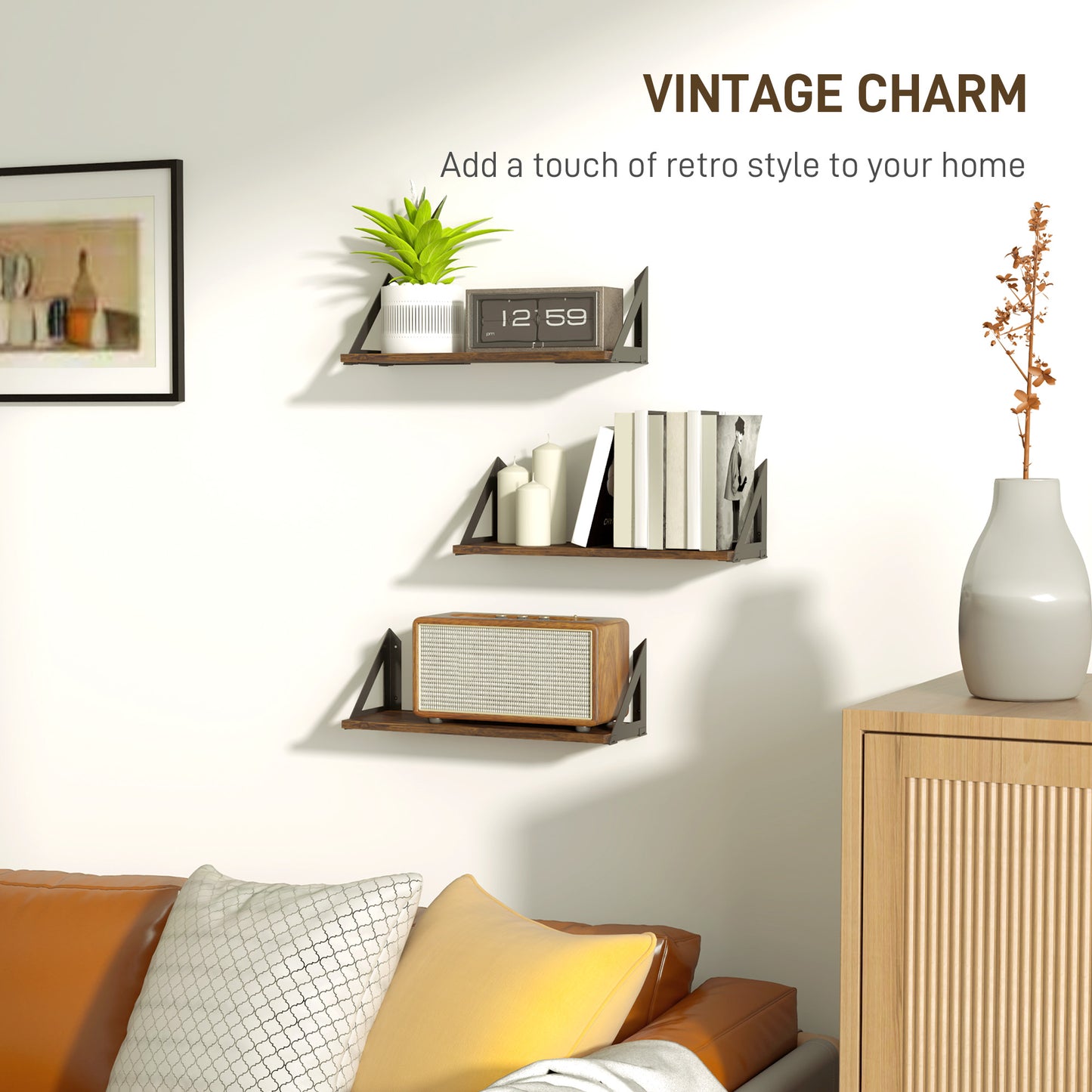 HOMCOM Set Of 3 Rustic Brown Wall Mounted Floating Shelves 43cm Vintage Living Room Entryway Bedroom