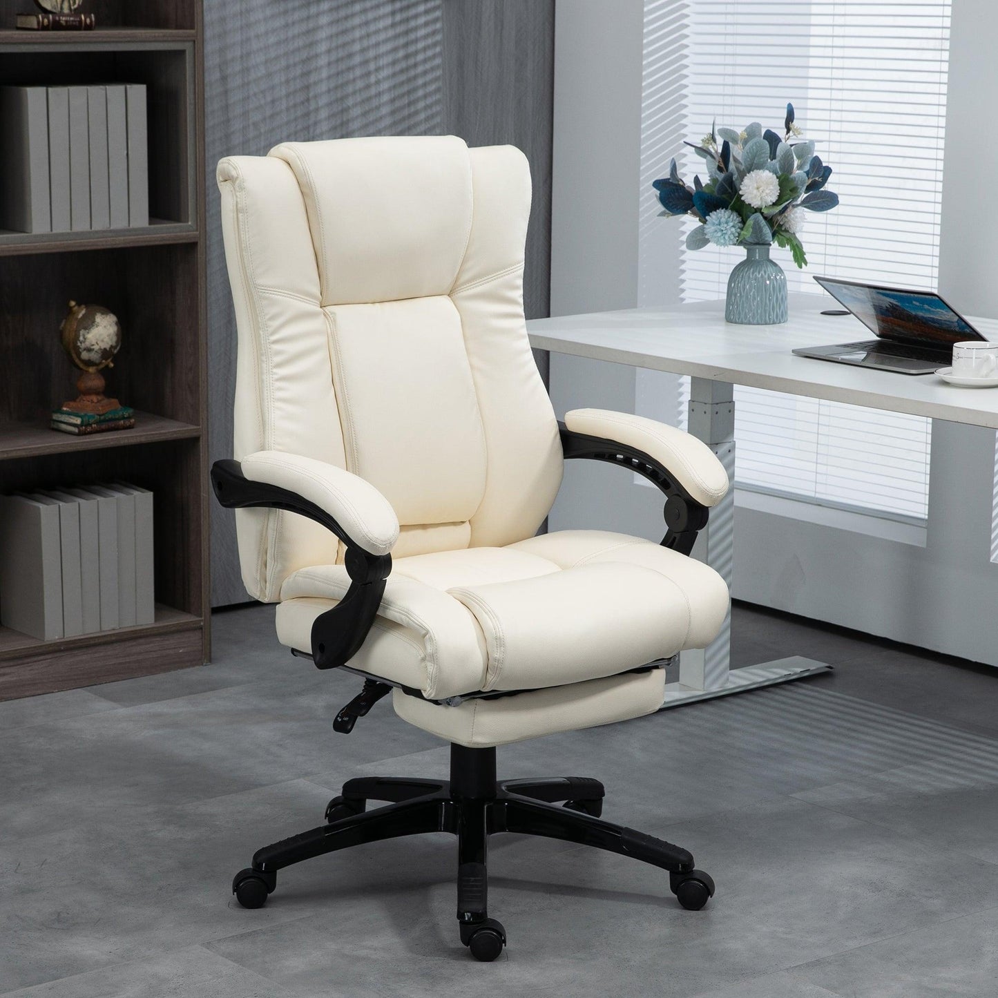 Vinsetto PU Leather Office Chair, Swivel Computer Chair with Footrest, Wheels, Adjustable Height, Cream White - ALL4U RETAILER LTD