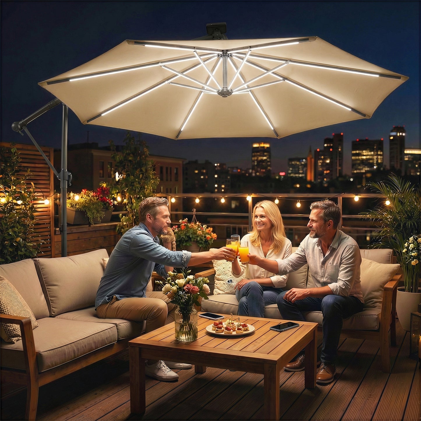 Outsunny Three Meter Cantilever Parasol With LED Solar Lights Round Umbrella 360 Degree Rotation Khaki Cover