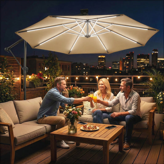 Outsunny Three Meter Cantilever Parasol With LED Solar Lights Round Umbrella 360 Degree Rotation Khaki Cover
