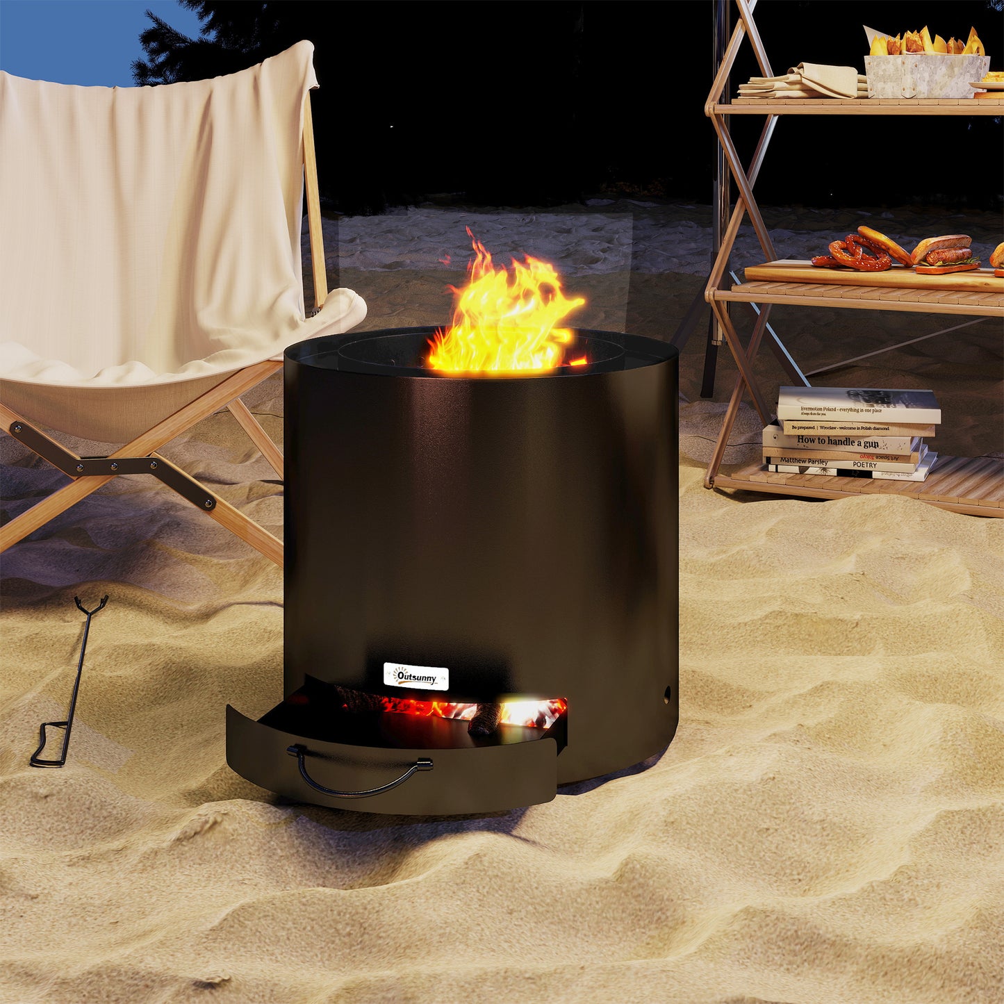 Outsunny Metal Wood Burning Fire Pit With Poker Portable Outdoor Patio Black Powder Coated Finish
