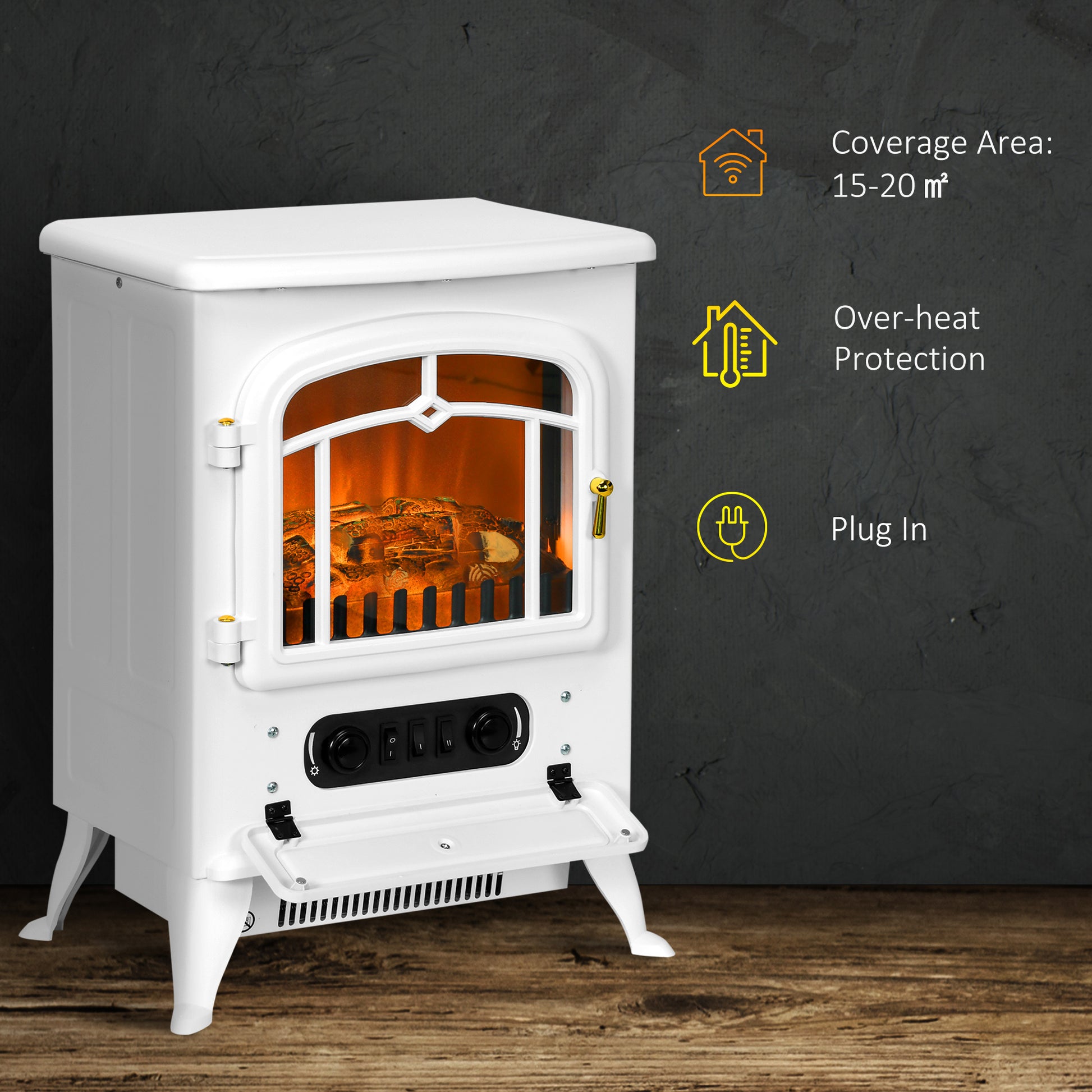 HOMCOM White Freestanding Electric Stove with Realistic Flame Effect, 950/1850W Heating Options - ALL4U RETAILER LTD