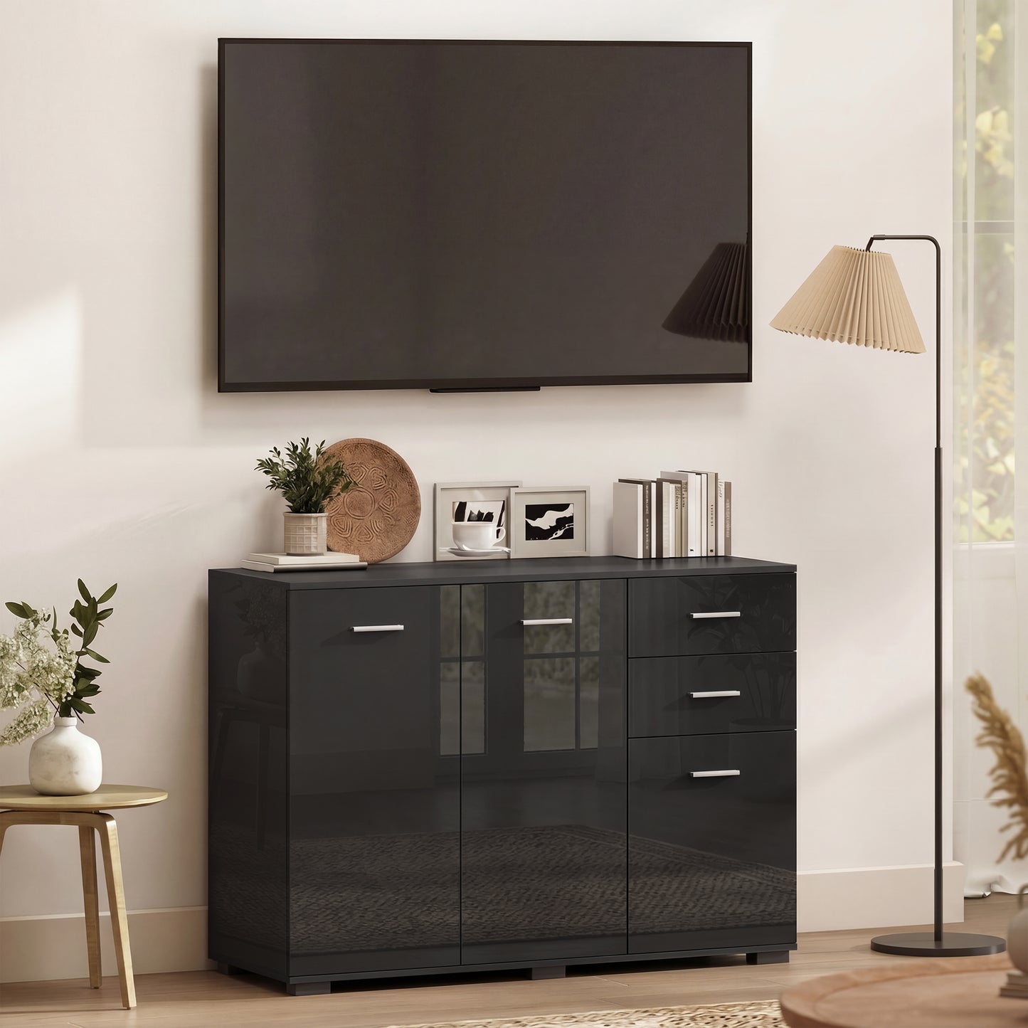 HOMCOM Modern Sideboard Storage Cabinet With 2 Drawers And 3 Doors Adjustable Shelves High Gloss Black
