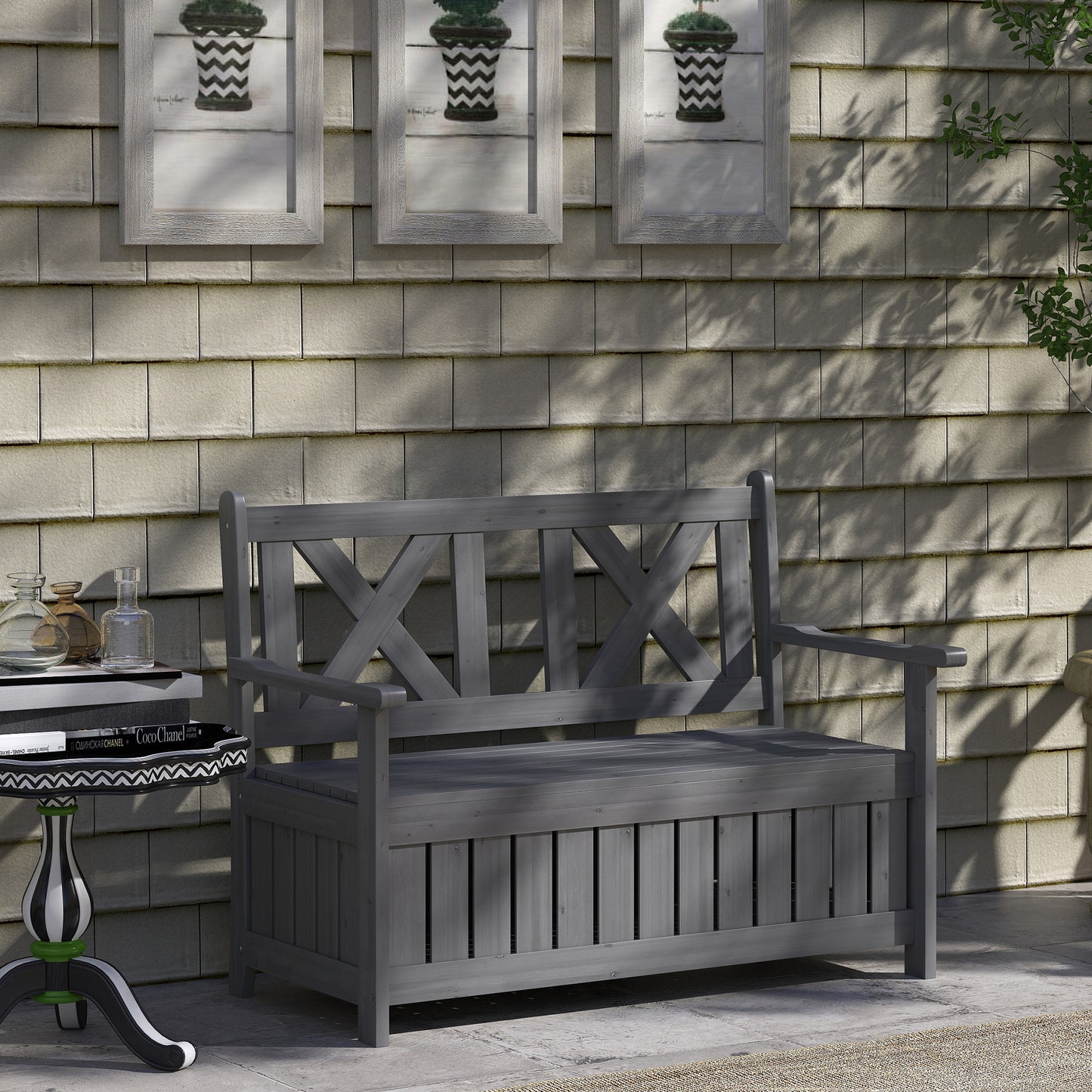 Outsunny 2 Seater Garden Storage Bench Charcoal Grey For Patio Porch Wood Outdoor Seating