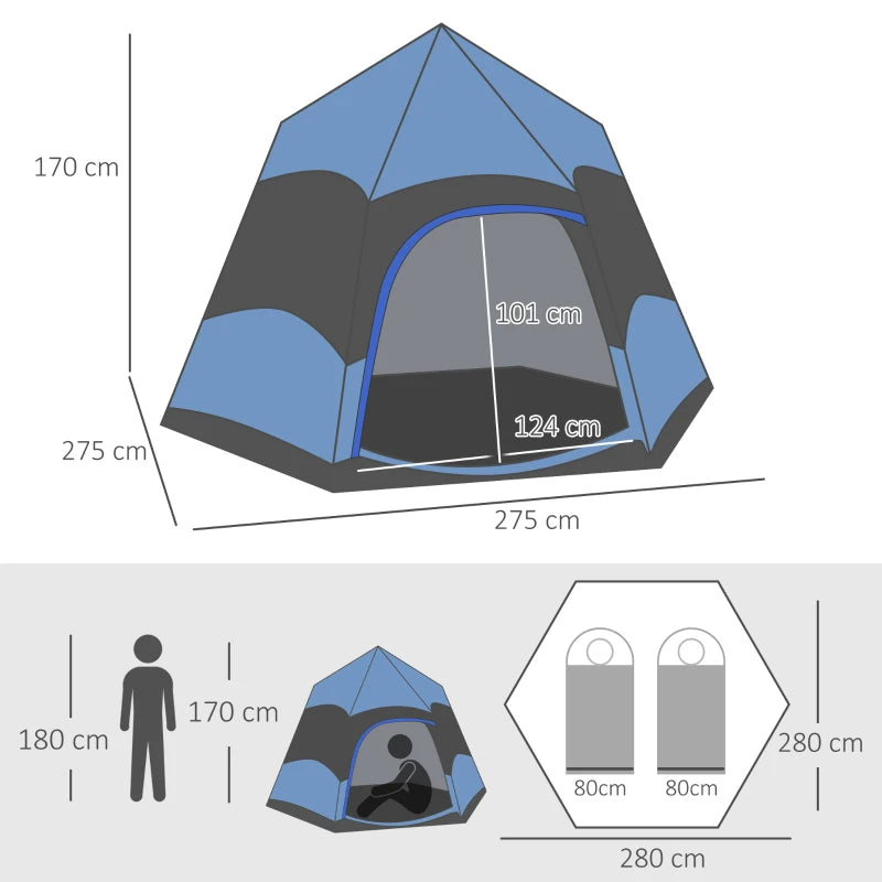 Outsunny 4-Man Hexagon Double Layer Dome Tent with Rainfly and Welded Floor - Portable Camping Shelter for Festival, Hiking, and Family Adventures - Blue and Black - Includes Hang Hook and Ca - ALL4U RETAILER LTD