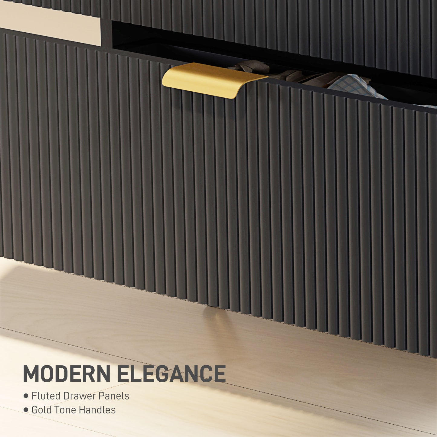HOMCOM Elegant Four Drawer Bedside Table Black With Ridged Fronts And Gold Handles Nightstand