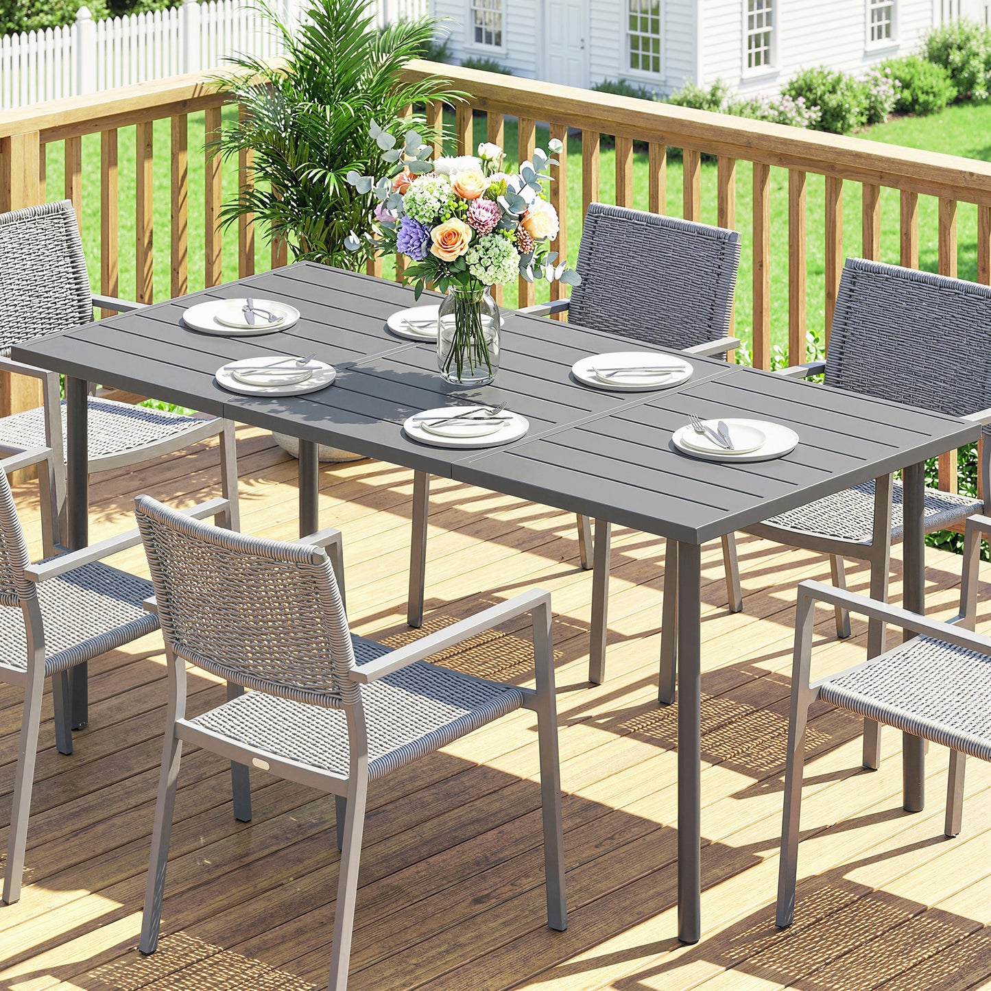 Outsunny 165 X 80 Cm Rectangular Garden Dining Table For 6 With Slatted Top Weather Resistant Metal Frame