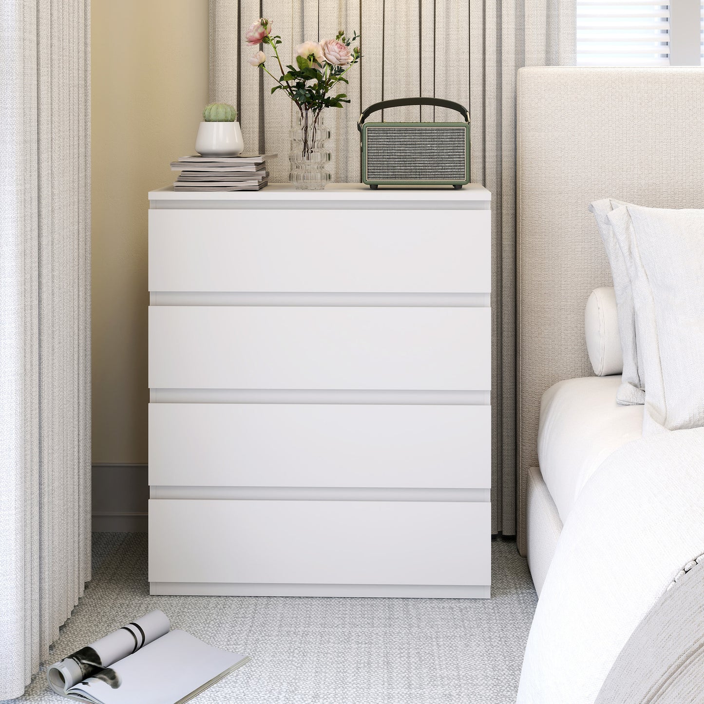 HOMCOM Four Drawer Chest White For Bedroom Storage With Flat Top Display Surface