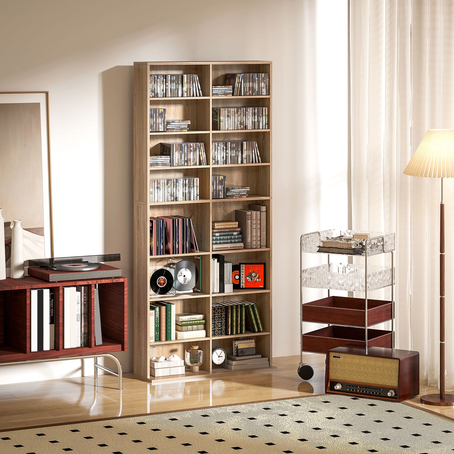 HOMCOM 640 CD Storage Tower In Nature Wood Finish With 14 Adjustable Shelves And Anti Tipping Design