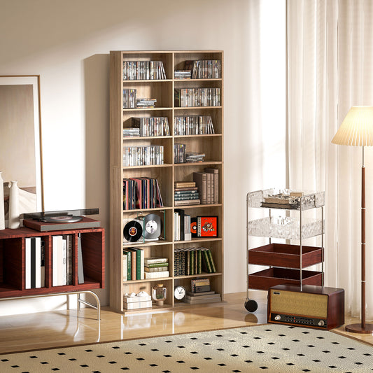 HOMCOM 640 CD Storage Tower In Nature Wood Finish With 14 Adjustable Shelves And Anti Tipping Design