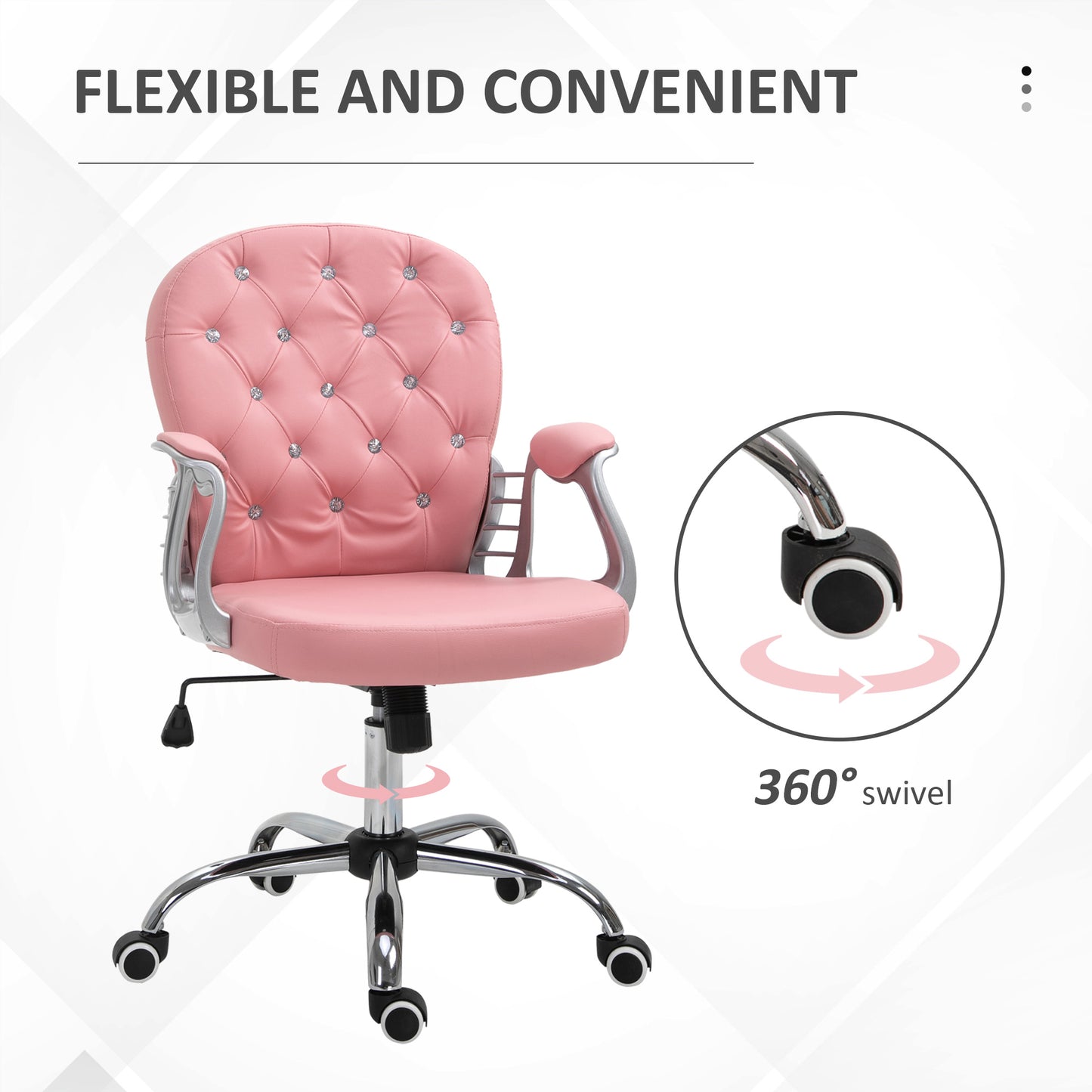 Vinsetto Glamorous Ergonomic Office Chair with 360° Swivel and Diamante Tufting - Pink - ALL4U RETAILER LTD