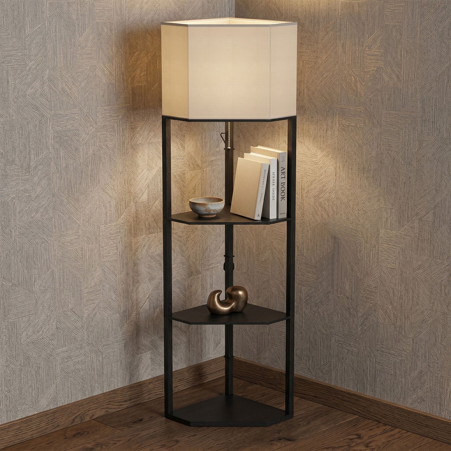 HOMCOM Corner Floor Lamp With Shelves And Dimmable Lights 3000K 4000K 6000K Color Temperature