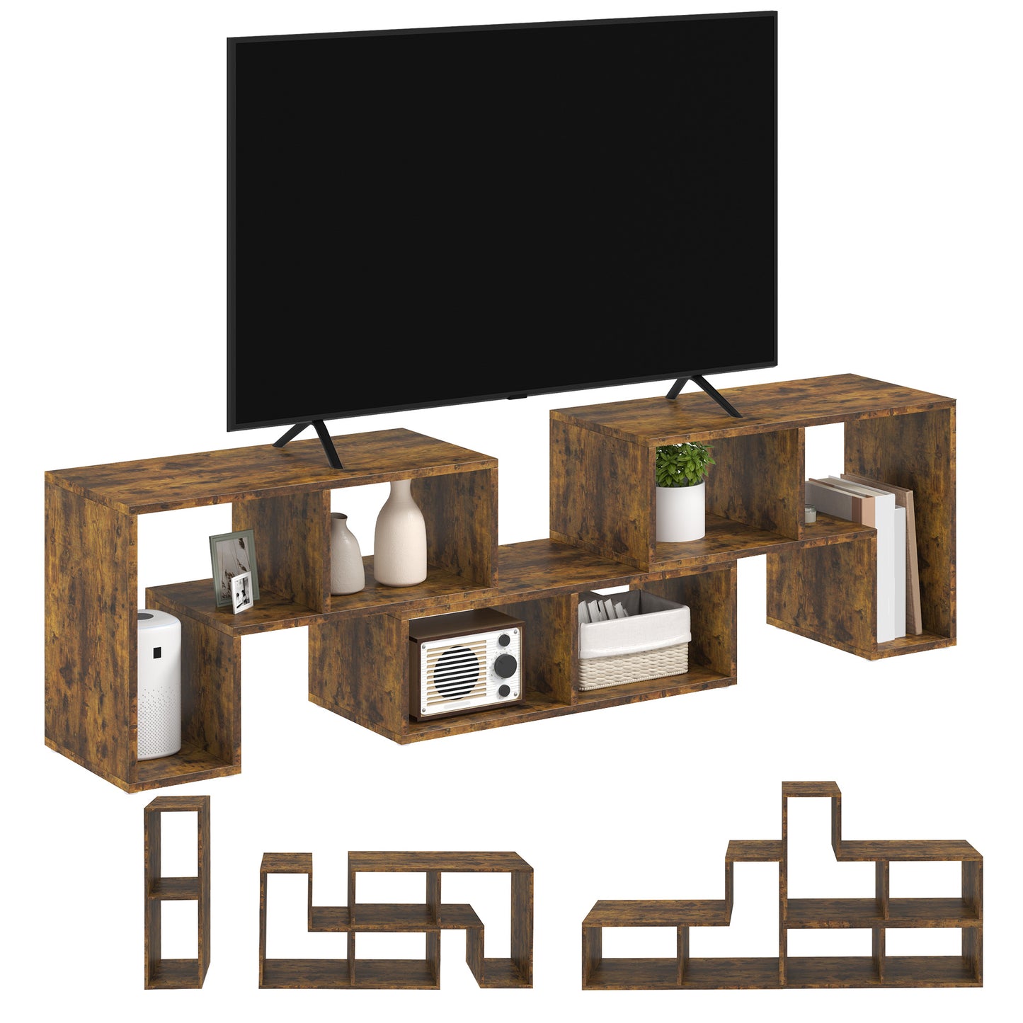 HOMCOM Three Block Modular TV Stand Rustic Brown With Two L Shaped And One Rectangular Block Six Shelves