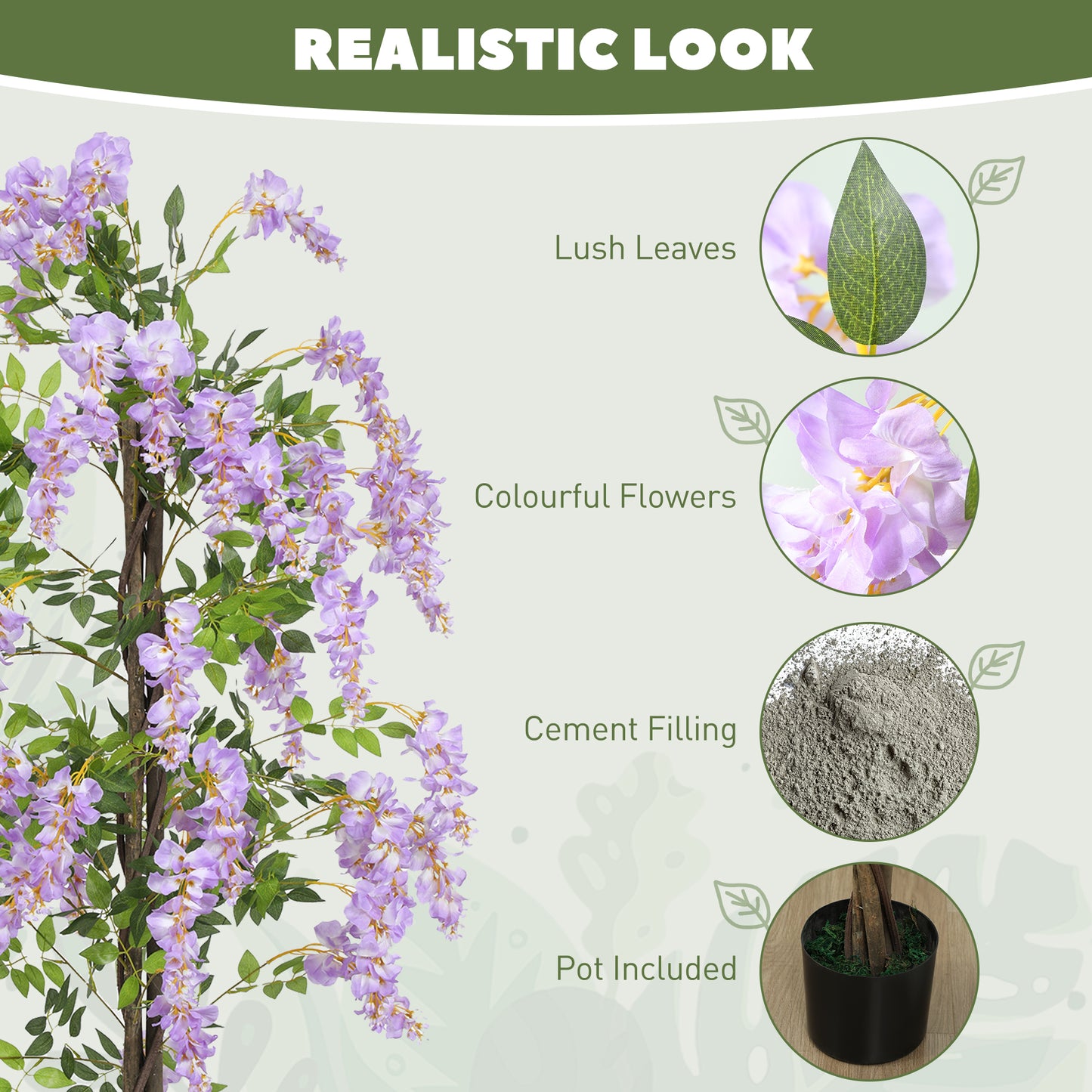 HOMCOM 180cm Ficus Artificial Tree With Wisteria Flowers In Nursery Pot Indoor Tall Faux Floor Plant Purple
